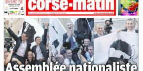 Portada de 'Corse Matin' amb la imatge de la victòria dels tres candidats de la coalició Per Còrsega    